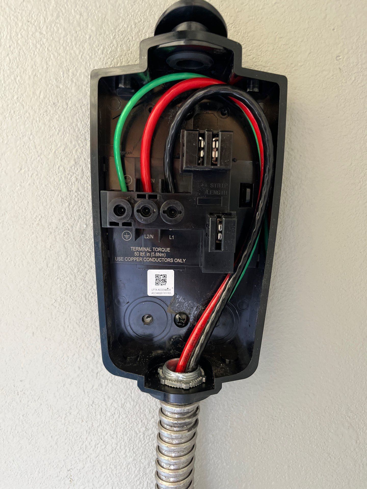 Tesla Wall Connector wiring termination detail — Robbins Energy EV charger install